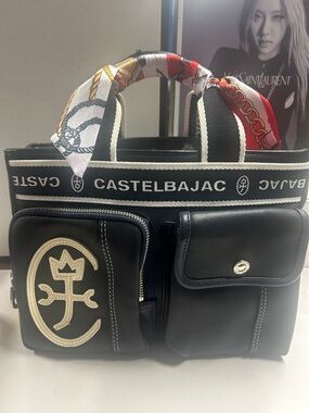 CASTELBAJAC Black Logo Leather Tote with Scarf-Wrapped Handle